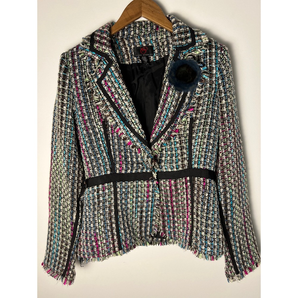 True Meaning Blazer Wm M Colorful Fringe Tweed Bouclé Jacket Eclectic Artsy Y2K